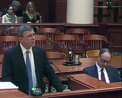 Attorney John J. Davis, left, made the city's case while Attorney John A. Finbury, representing Michelle Wilkins, sits at right.