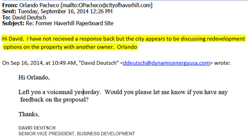 Email that kicked off the public dispute between Pentucket LLC and the city.