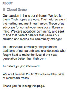 The description of the “Haverhill Public Schools ~ Parent Group” page, as it appeared Sunday.