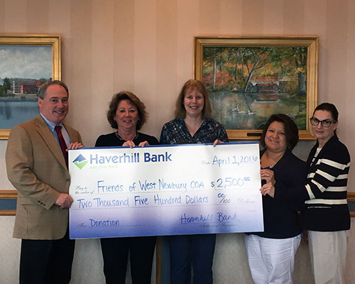 Haverhill Bank President and CEO Thomas L. Mortimer, left, presents a check to the Friends of the West Newbury Council on Aging. Accepting are Treasurer Ann O’Sullivan and President Lisa Holmes. Also making the presentation are Haverhill Bank Merrimac branch manager Ana Gonzalez and Mortgage Originator Sherry Temple Pruyn.