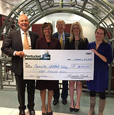 Appearing for the presentation to Granite United Way were, from left, Pentucket Bank President Charles Walker; Lori Luponi, Pentucket Bank senior vice president; Leanne Petrou, Pentucket Bank vice president; and Amanda Ruggles, development for Granite United Way. In back is Pentucket Bank CFO David Bennett.